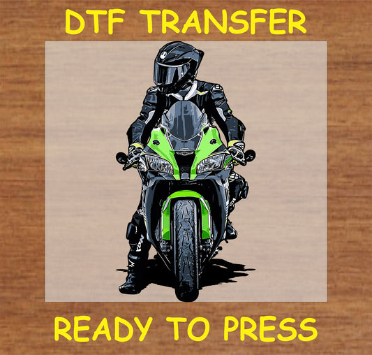 "Front View Biker DTF Transfer with green sport bike and rider in full gear"