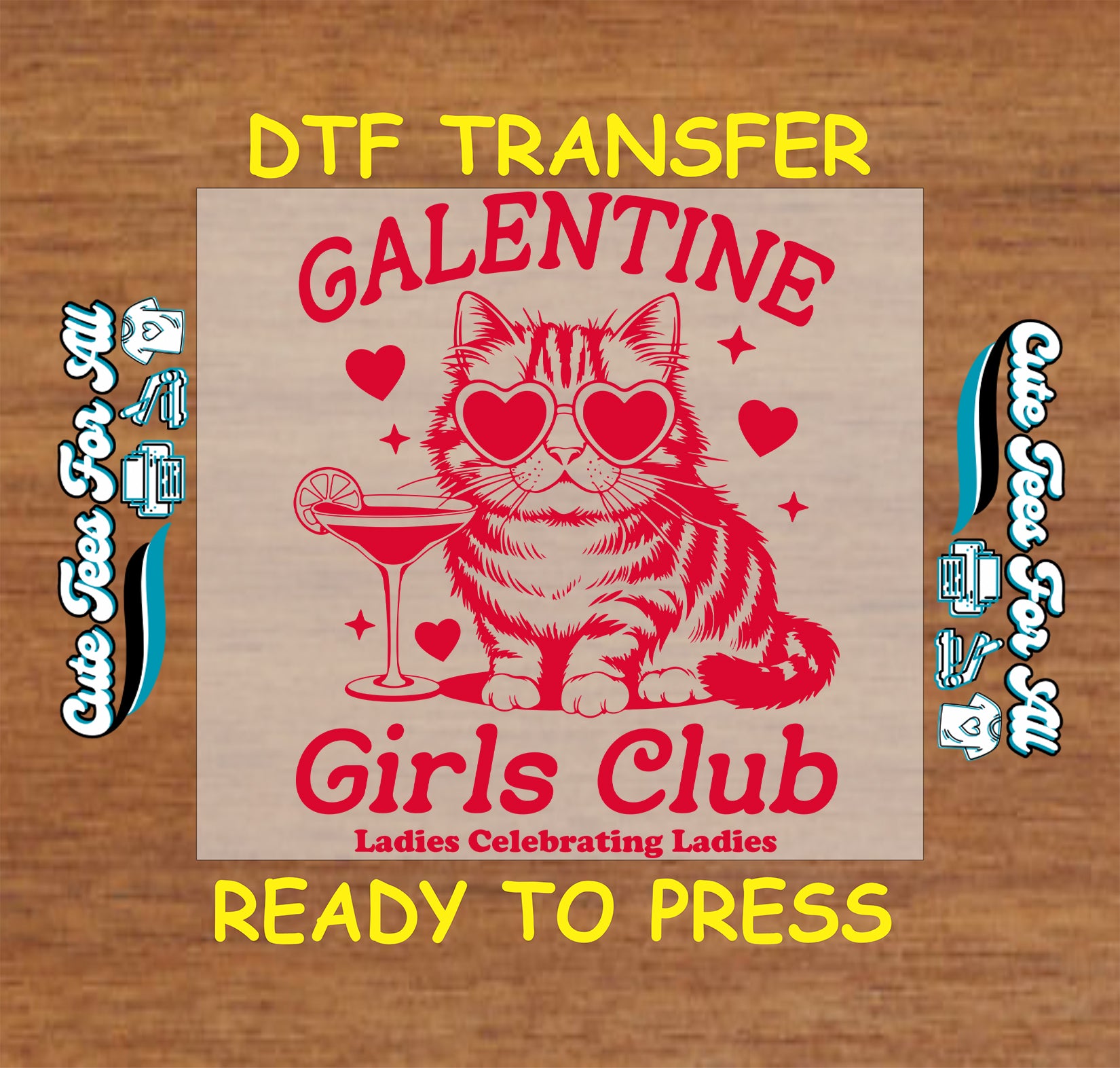 Girls Club cat Valentine ready to press dtf transfer iron on decal heat transfer for DIY shirts with heart sunglasses graphic