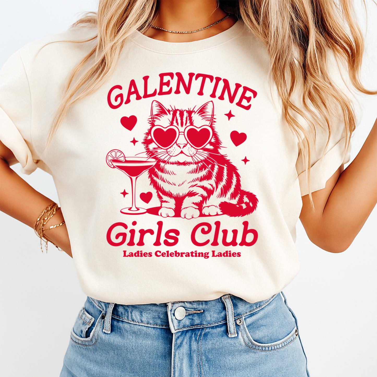 Girls Club Valentine cat graphic printed on cream t shirt showing finished heat transfer apparel example