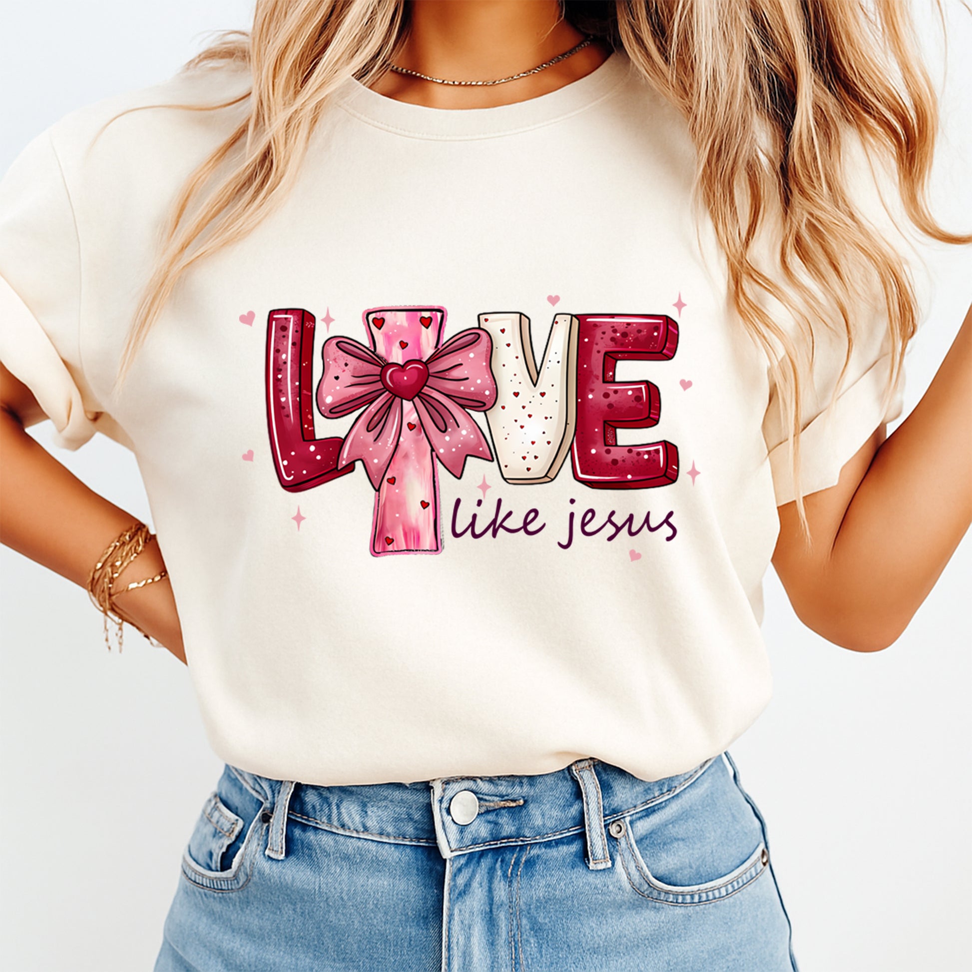 Love Like Jesus Christian graphic printed on cream t shirt showing finished heat transfer apparel example