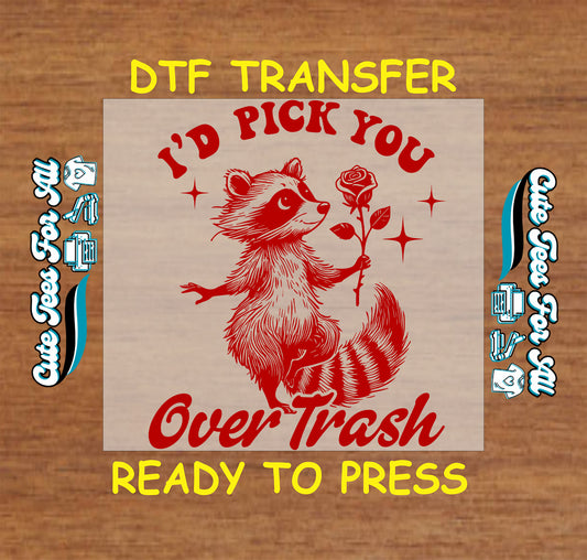 Id Pick You Over Trash ready to press dtf transfer iron on decal heat transfer with raccoon holding rose design