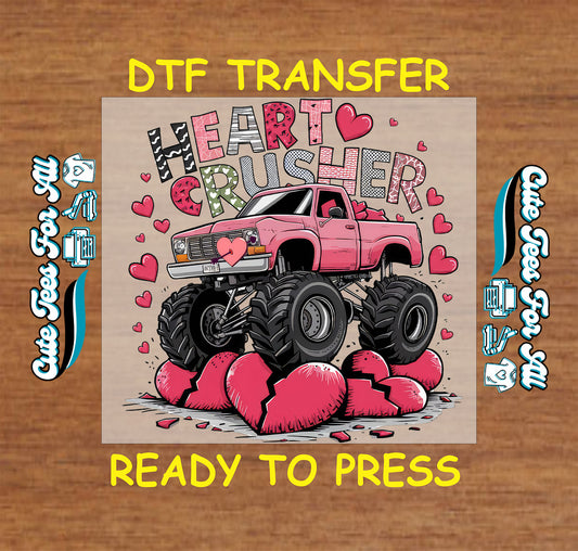 Heart Crusher ready to press dtf transfer iron on decal heat transfer with pink monster truck crushing hearts design