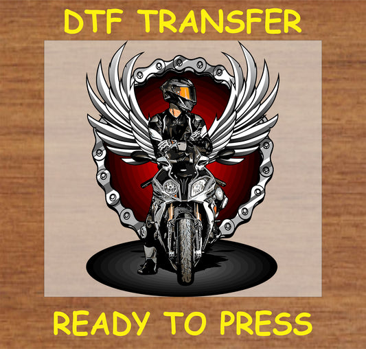 "Angel Wings Biker DTF Transfer with motorcycle rider, winged design, and chain frame"