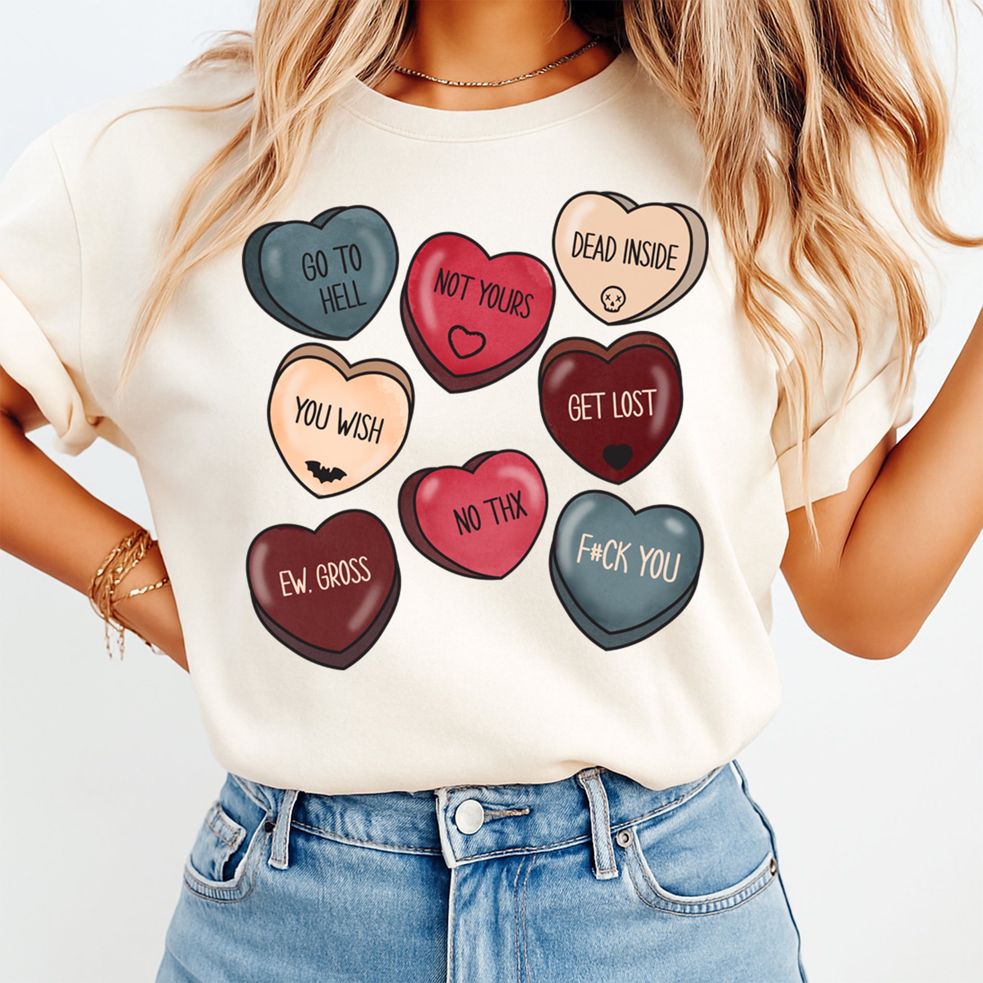 Woman wearing sarcastic Valentine candy hearts shirt with funny anti love conversation heart graphics