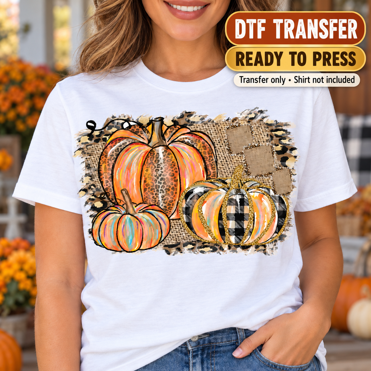 Fall Pumpkin DTF Transfer – Plaid Leopard Patchwork shirt mock up