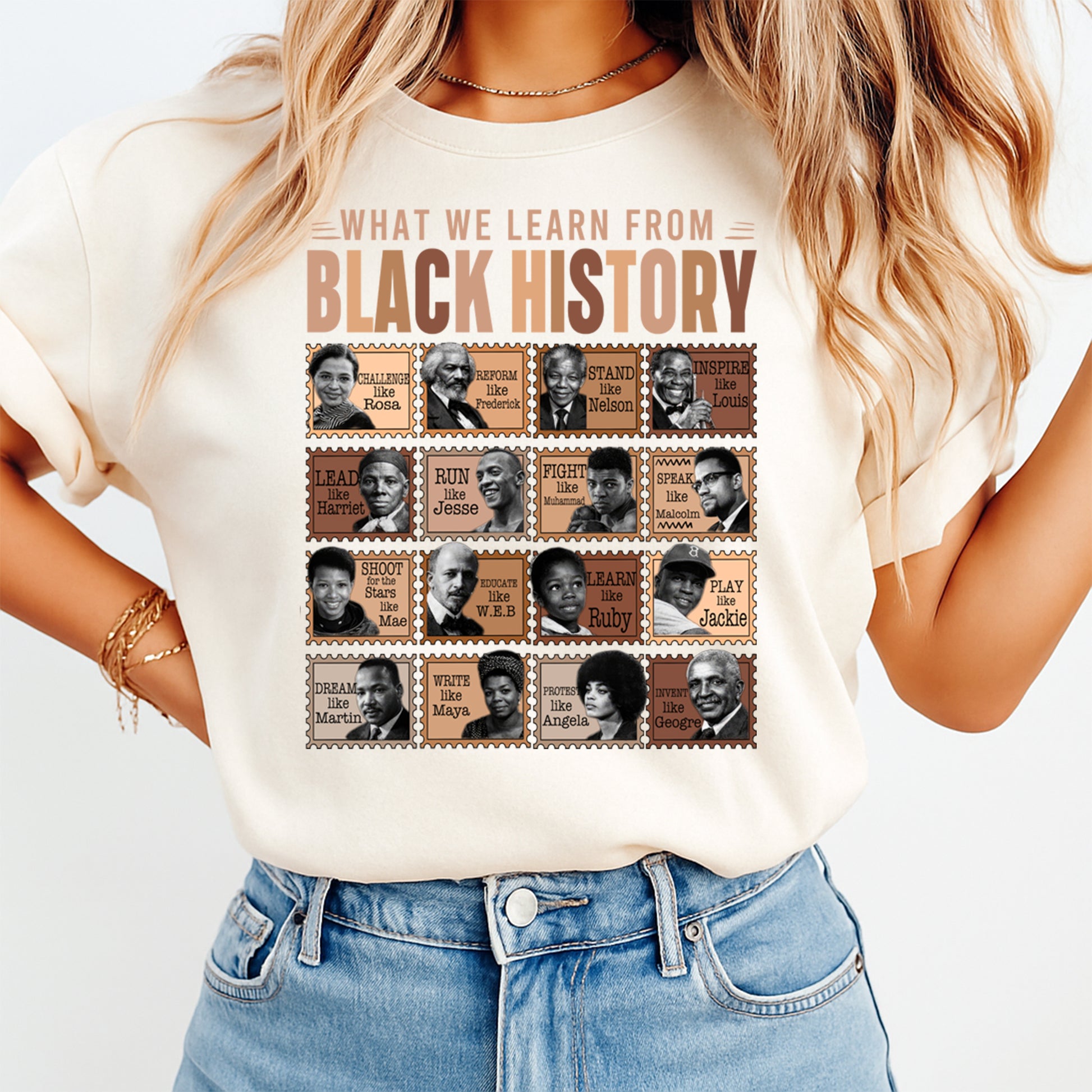 Woman wearing What We Learn From Black History shirt with inspirational historical figures collage graphic