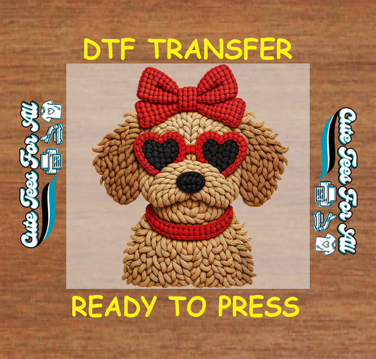 Valentine puppy ready to press dtf transfer iron on decal heat transfer with red bow and heart sunglasses design