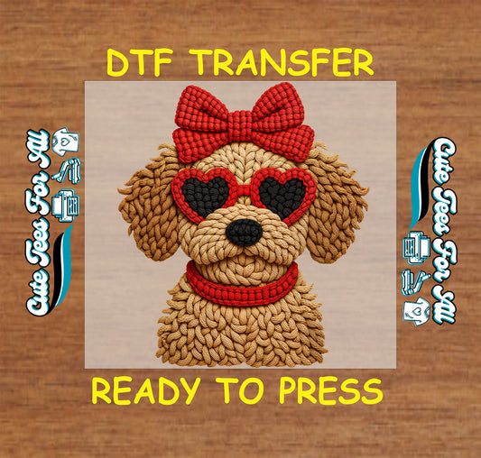 Valentine puppy ready to press dtf transfer iron on decal heat transfer with red bow and heart sunglasses design