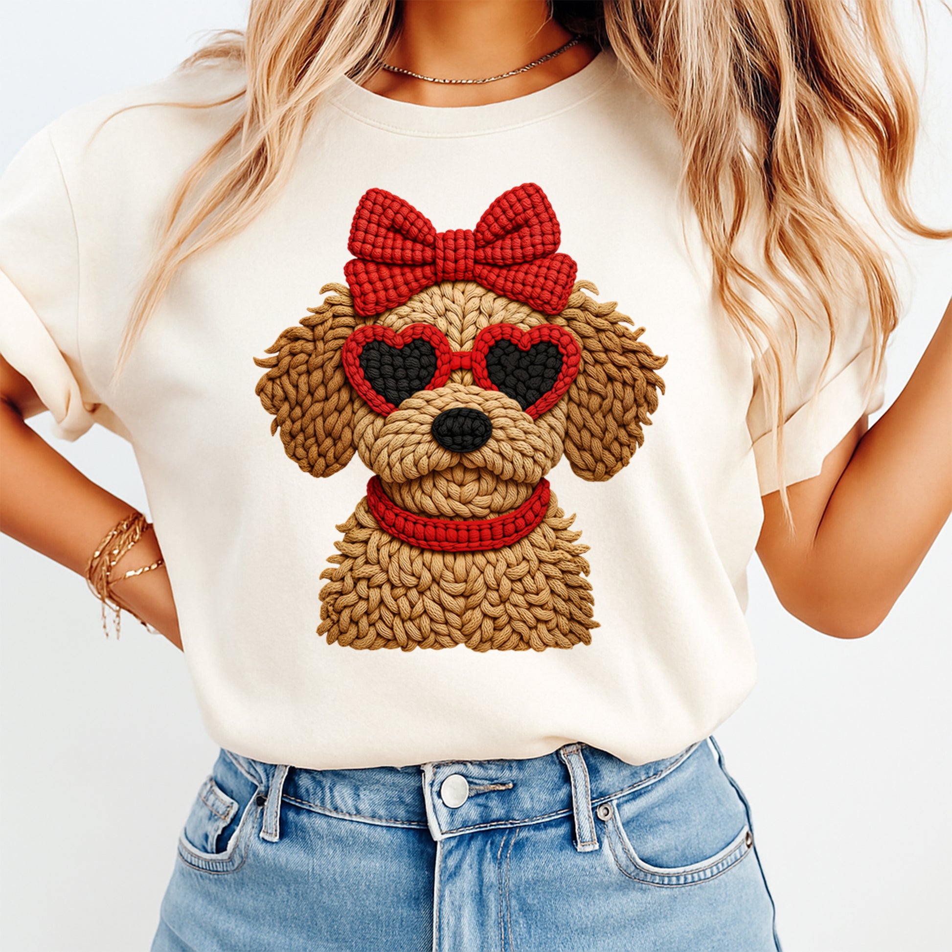 Woman wearing Valentine dog shirt with red bow and heart sunglasses puppy graphic