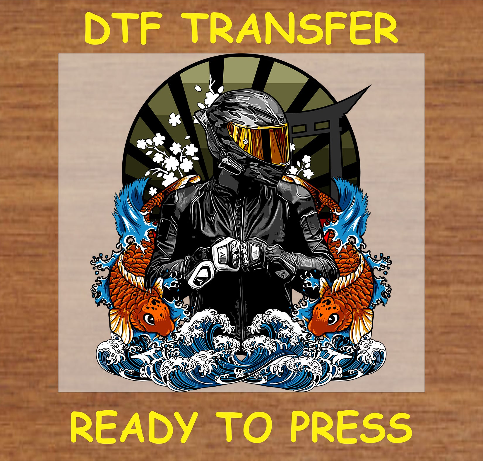 "Koi Biker DTF Transfer featuring a biker with koi fish, waves, and torii gate in a Japanese-inspired design"