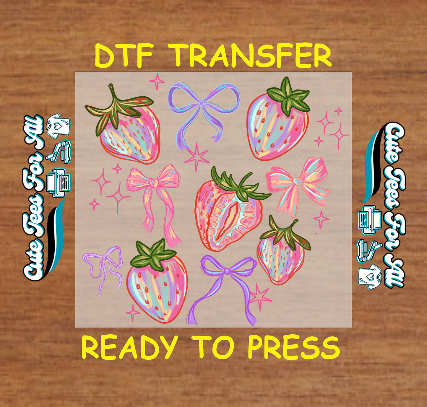 Pastel strawberry bow ready to press dtf transfer iron on decal heat transfer with sparkles and fruit graphic