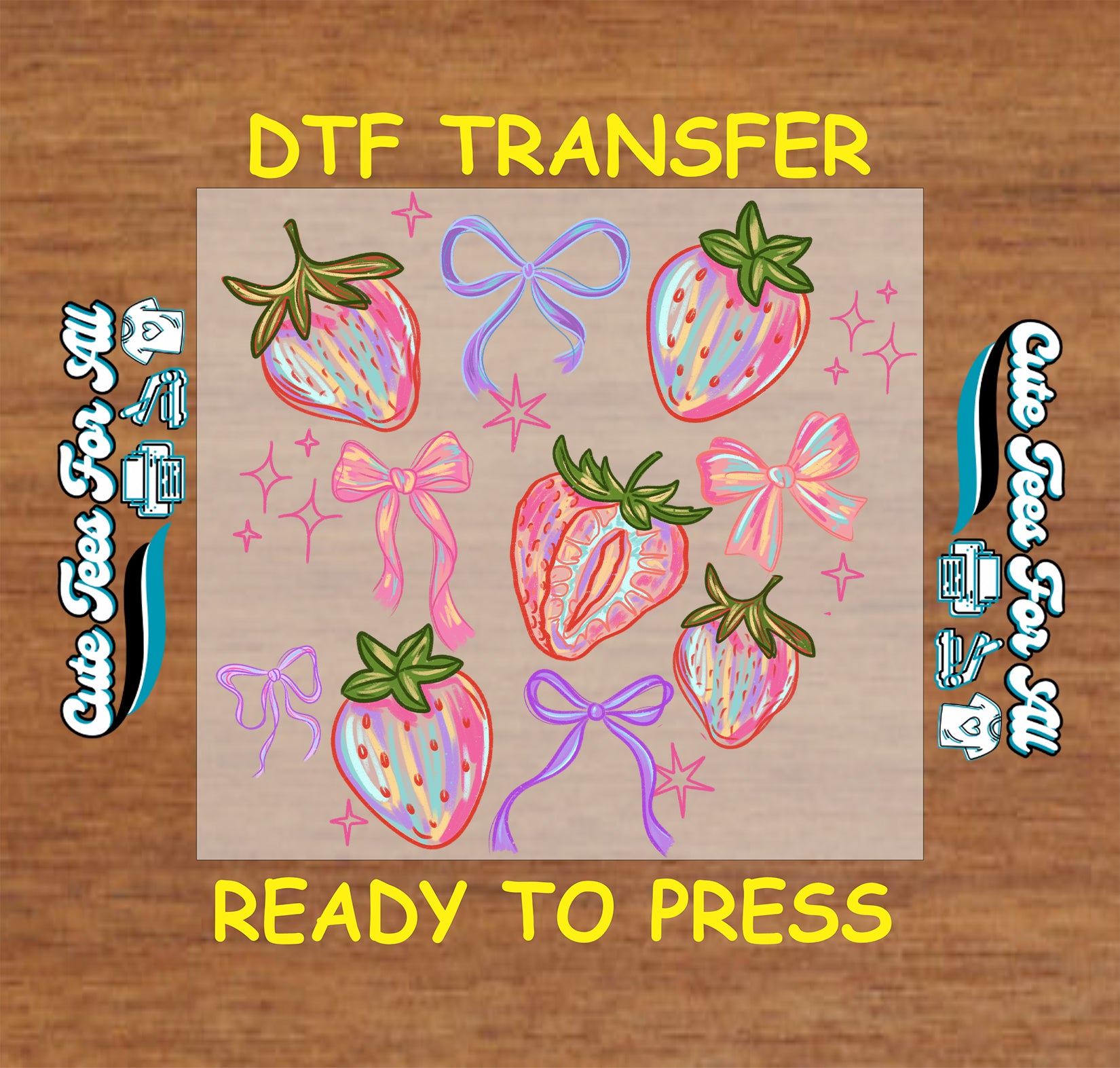 Pastel strawberry bow ready to press dtf transfer iron on decal heat transfer with sparkles and fruit graphic