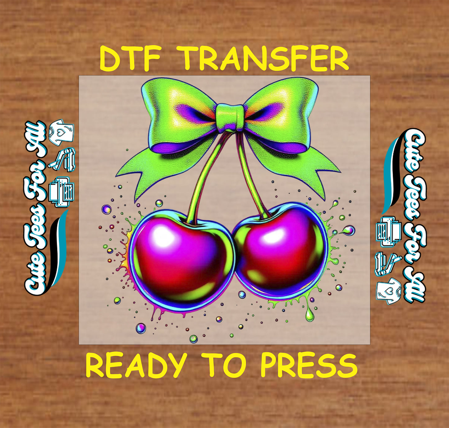 Neon chrome cherry with green bow ready to press dtf transfer iron on decal heat transfer for DIY shirts
