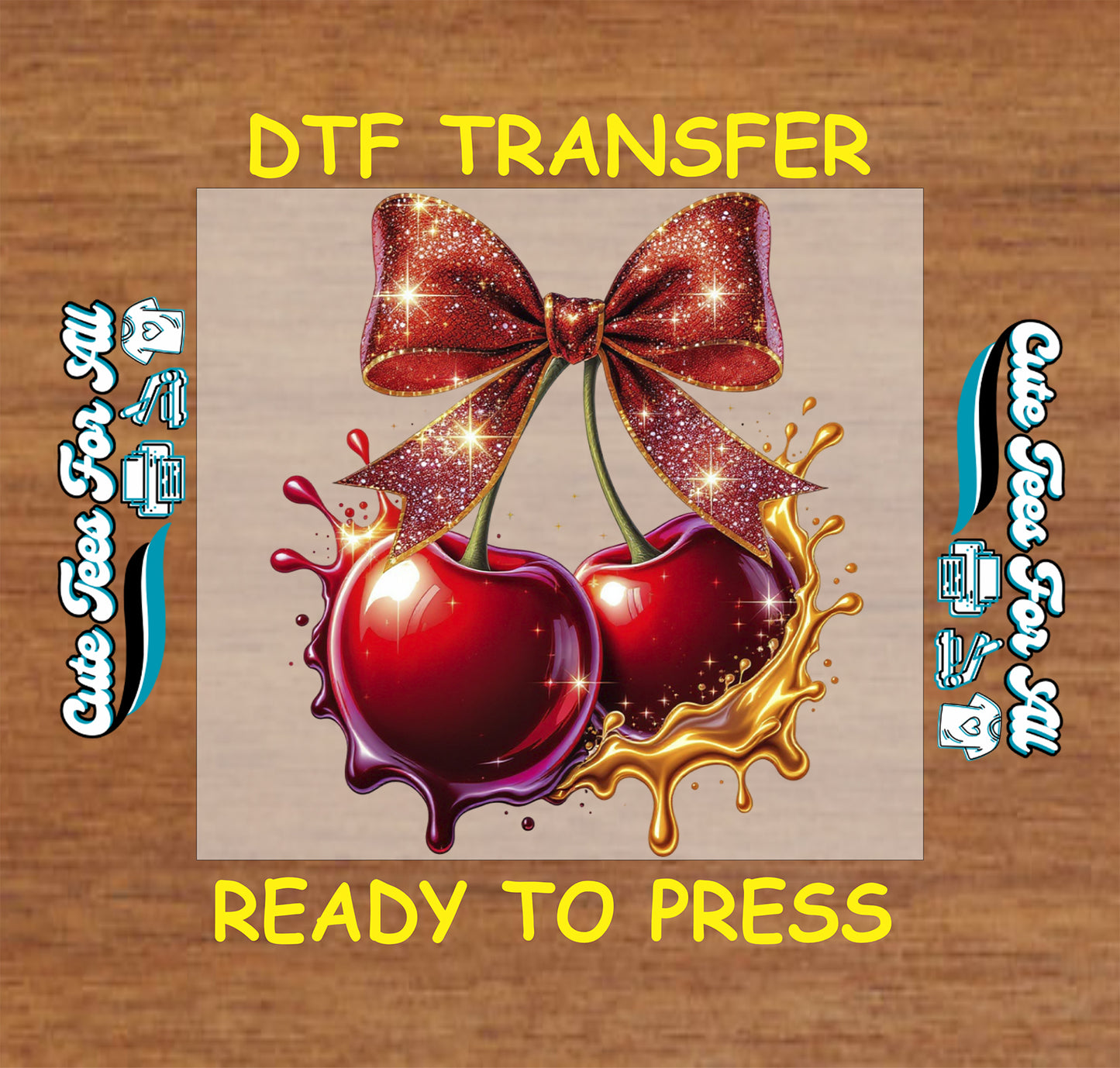 Glitter bow cherry ready to press dtf transfer iron on decal heat transfer for DIY shirts with gold splash detail