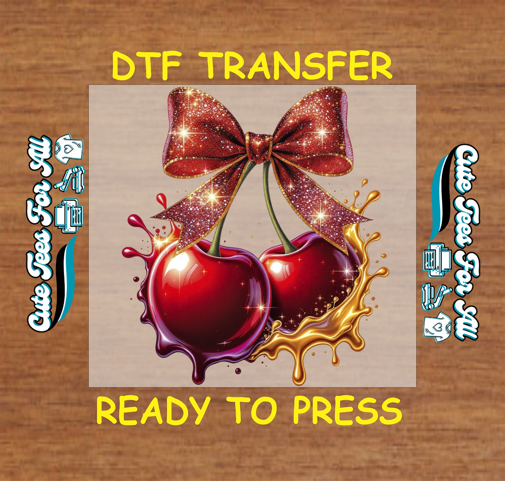 Glitter bow cherry ready to press dtf transfer iron on decal heat transfer for DIY shirts with gold splash detail