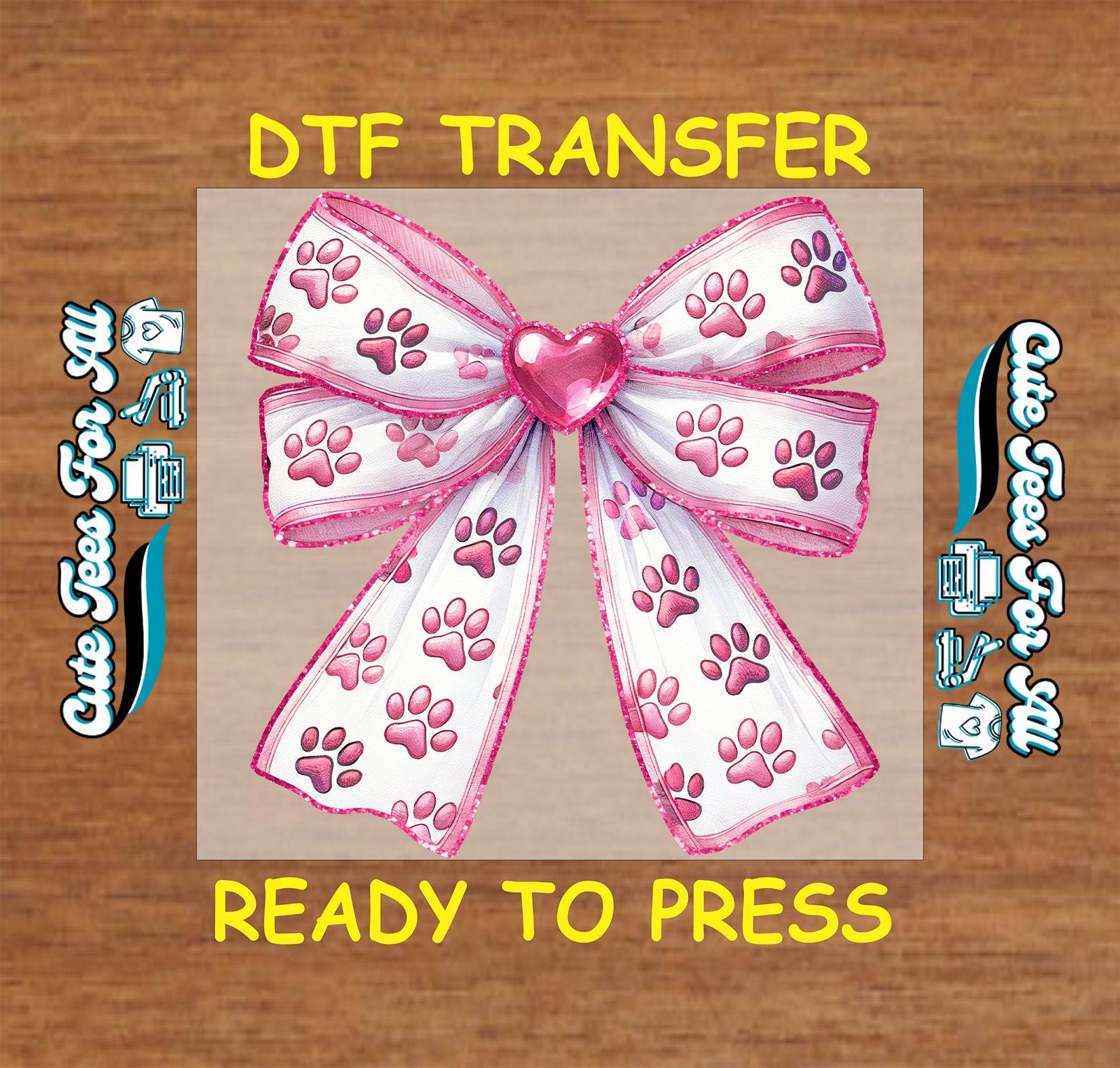 Pink paw print bow ready to press dtf transfer iron on decal heat transfer for DIY shirts with glitter trim