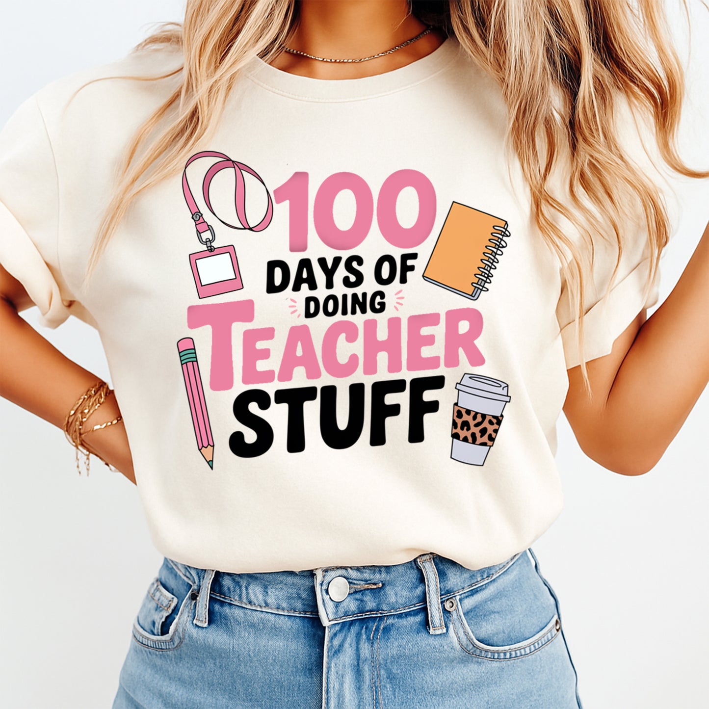 100 days teacher graphic printed on cream shirt with notebook pencil and coffee cup illustration