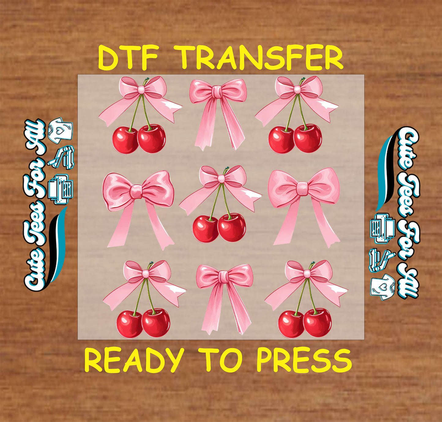 Pink bow and cherry pattern ready to press dtf transfer iron on decal heat transfer for DIY shirts