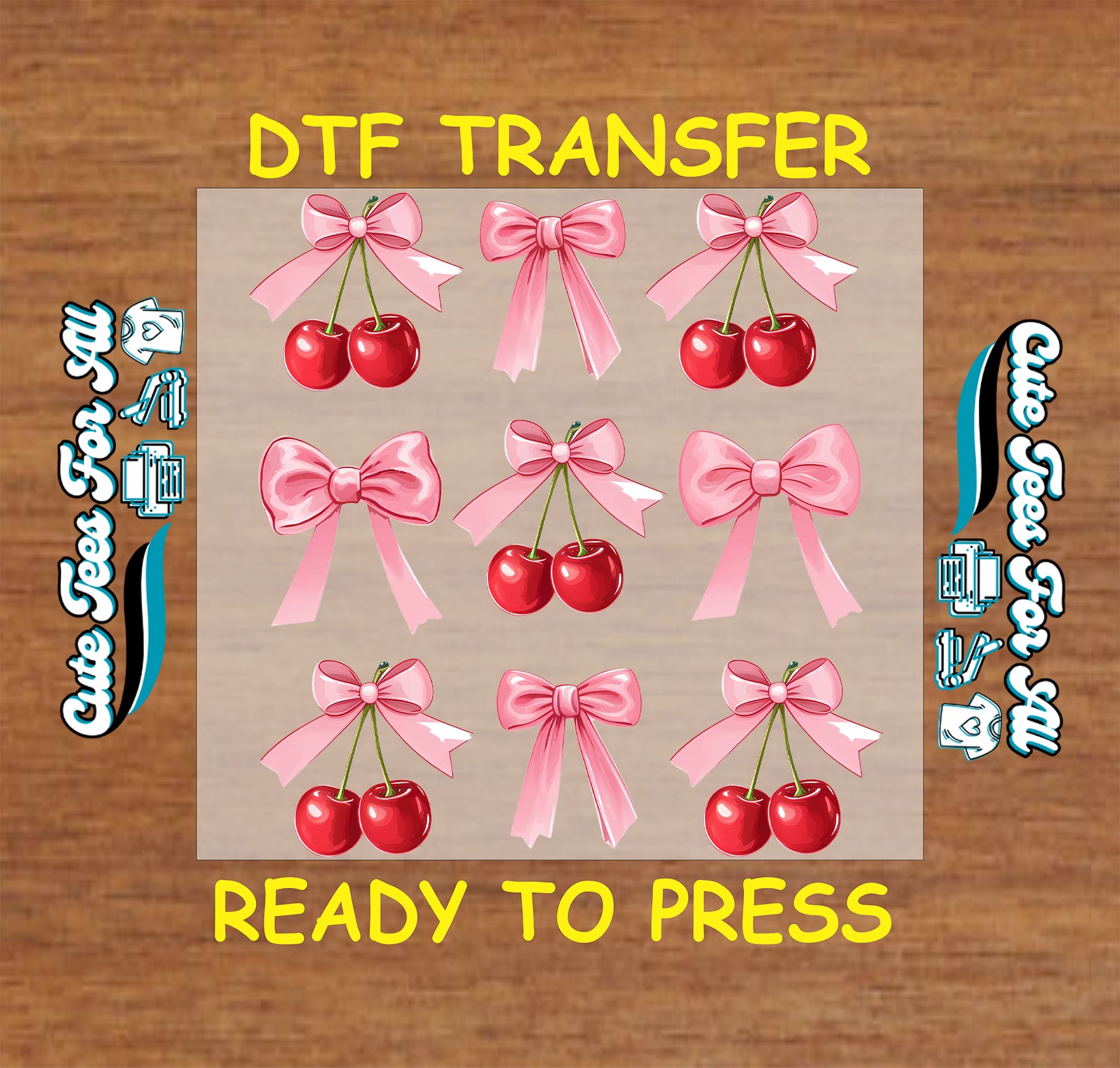 Pink bow and cherry pattern ready to press dtf transfer iron on decal heat transfer for DIY shirts