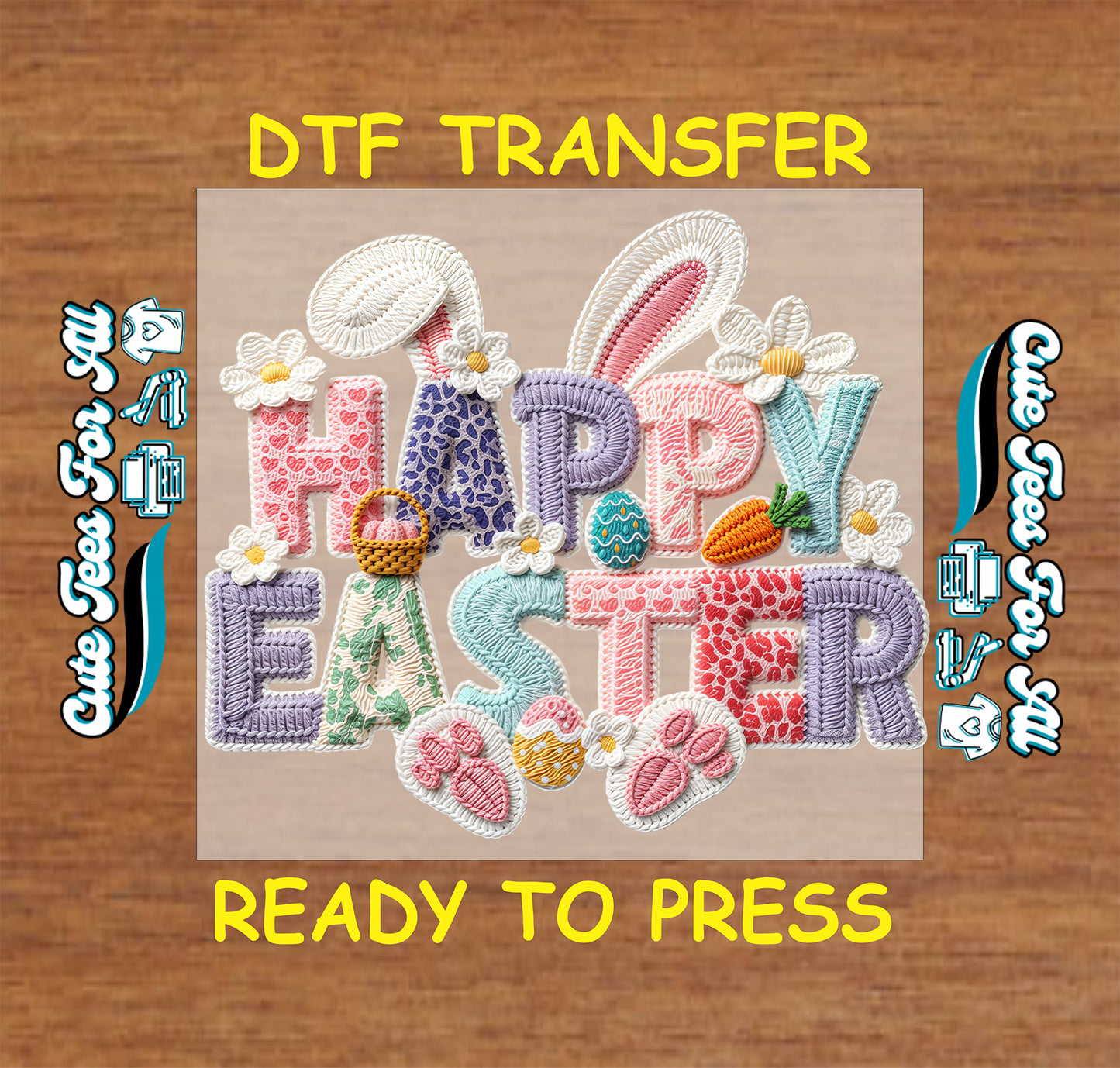 Happy Easter ready to press dtf transfer iron on decal heat transfer for DIY shirts with bunny ears and eggs