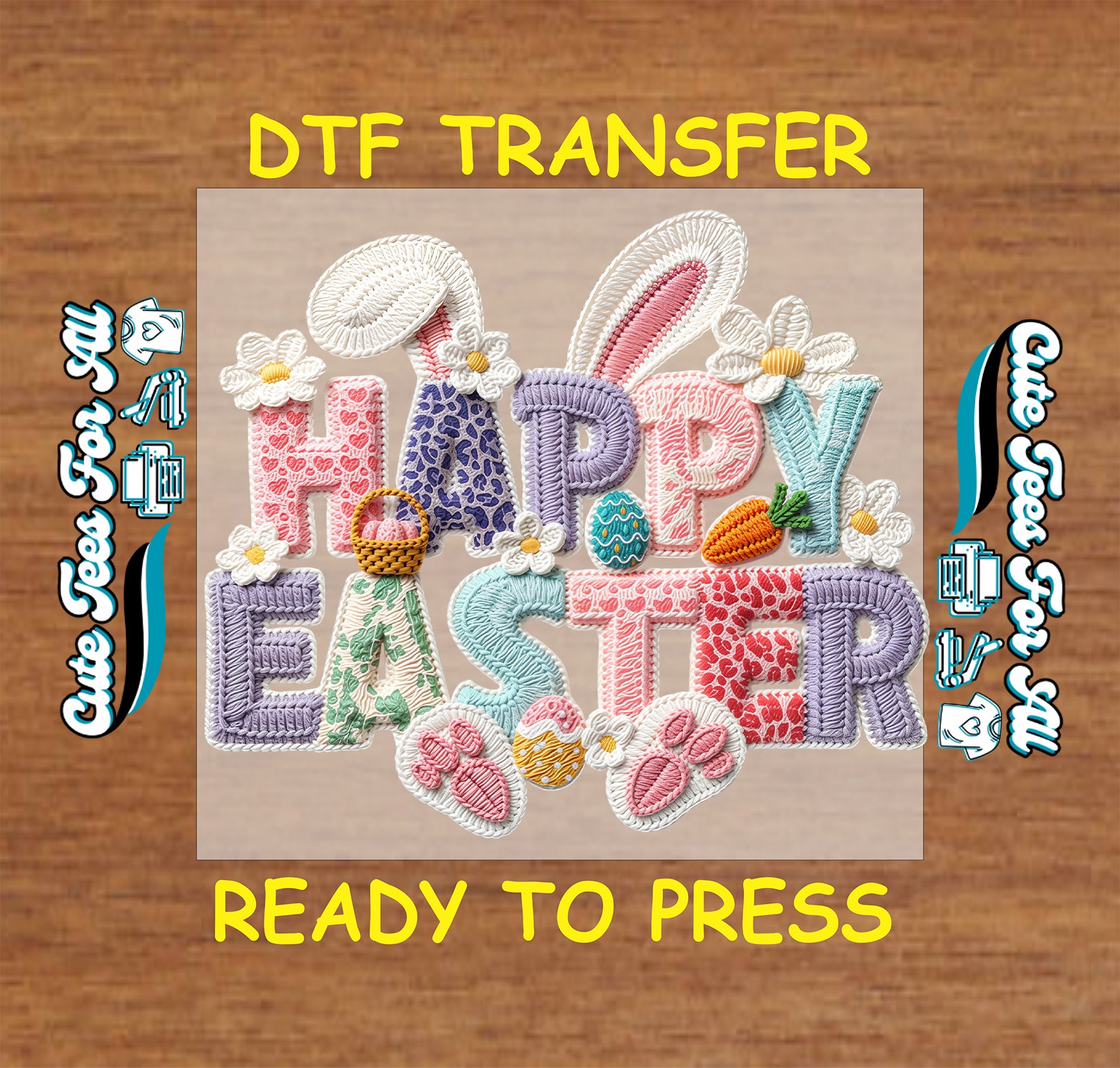 Happy Easter ready to press dtf transfer iron on decal heat transfer for DIY shirts with bunny ears and eggs