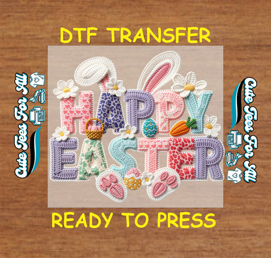 Happy Easter ready to press dtf transfer iron on decal heat transfer for DIY shirts with bunny ears and eggs