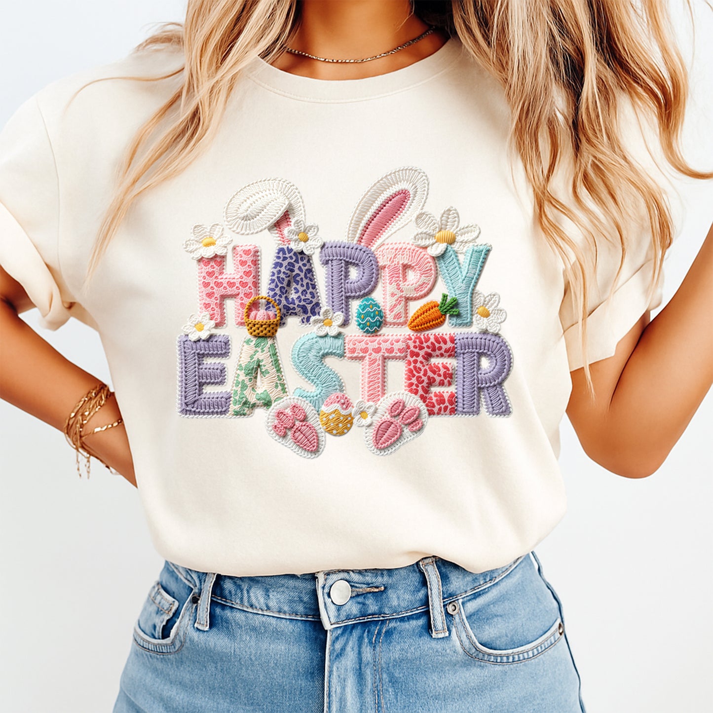 Happy Easter pastel bunny ear graphic printed on cream shirt with carrots eggs and floral accents