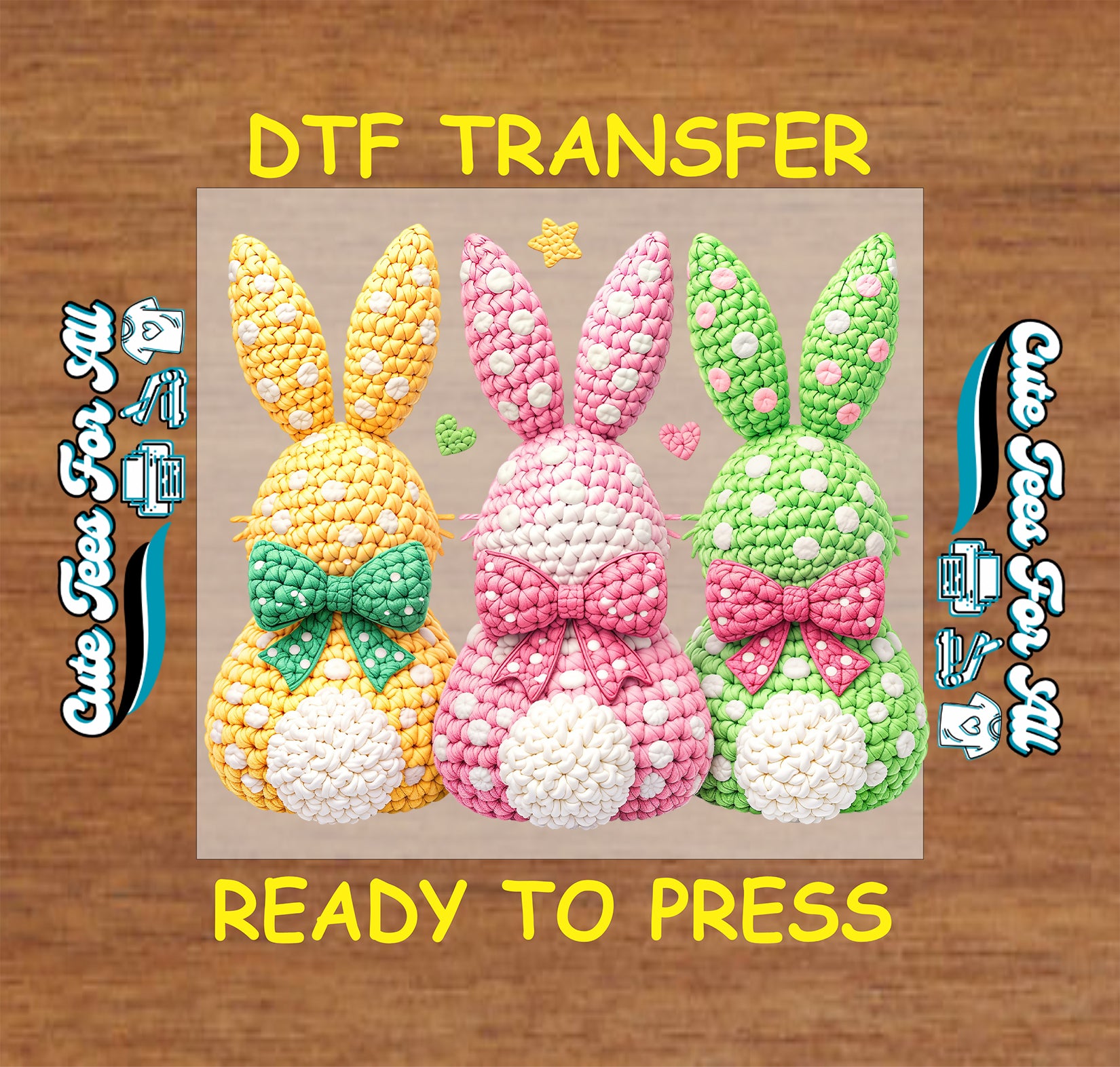 Crochet Easter bunny ready to press dtf transfer iron on decal heat transfer for DIY shirts in pastel spring colors