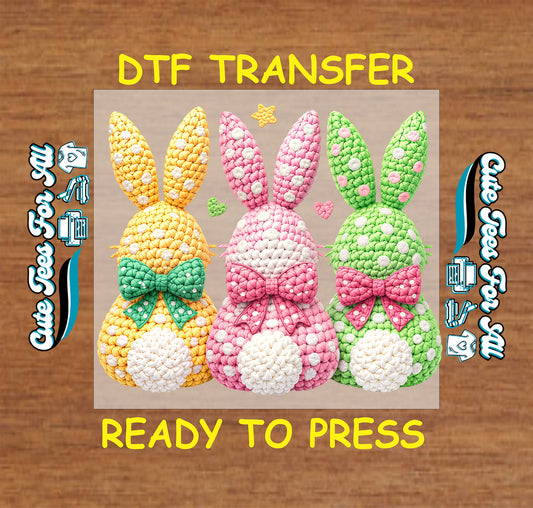 Crochet Easter bunny ready to press dtf transfer iron on decal heat transfer for DIY shirts in pastel spring colors