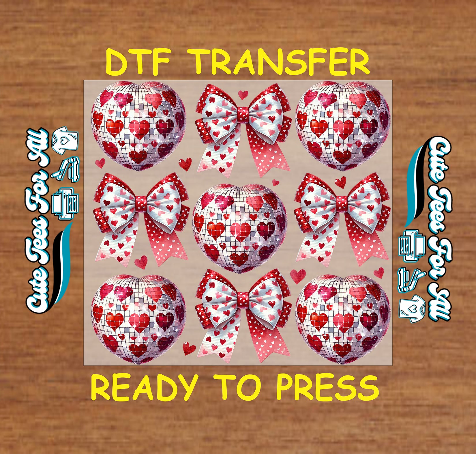 Valentine heart disco ball ready to press dtf transfer iron on decal heat transfer for DIY shirts with red bows