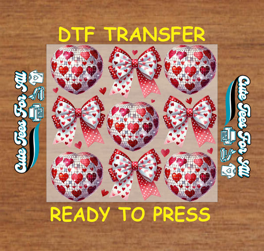 Valentine heart disco ball ready to press dtf transfer iron on decal heat transfer for DIY shirts with red bows