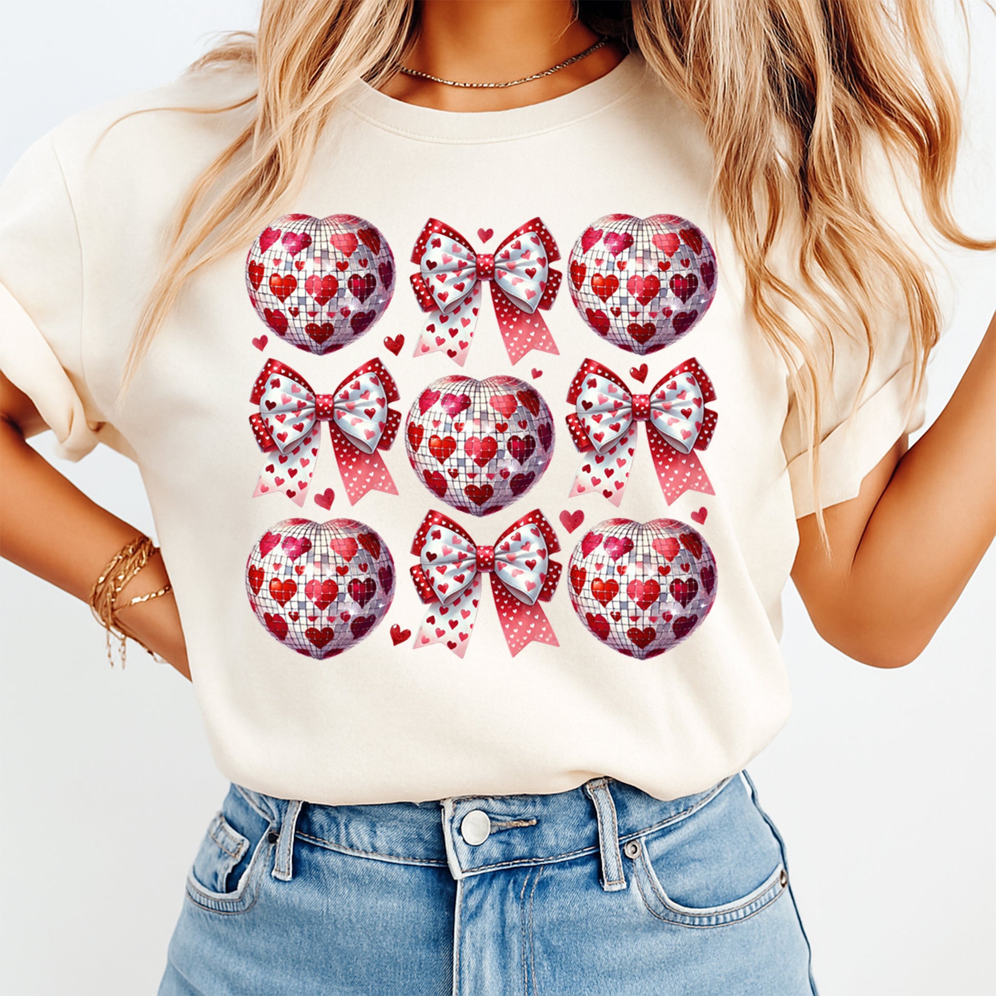 Heart disco ball and red bow Valentine graphic printed on cream shirt with romantic theme