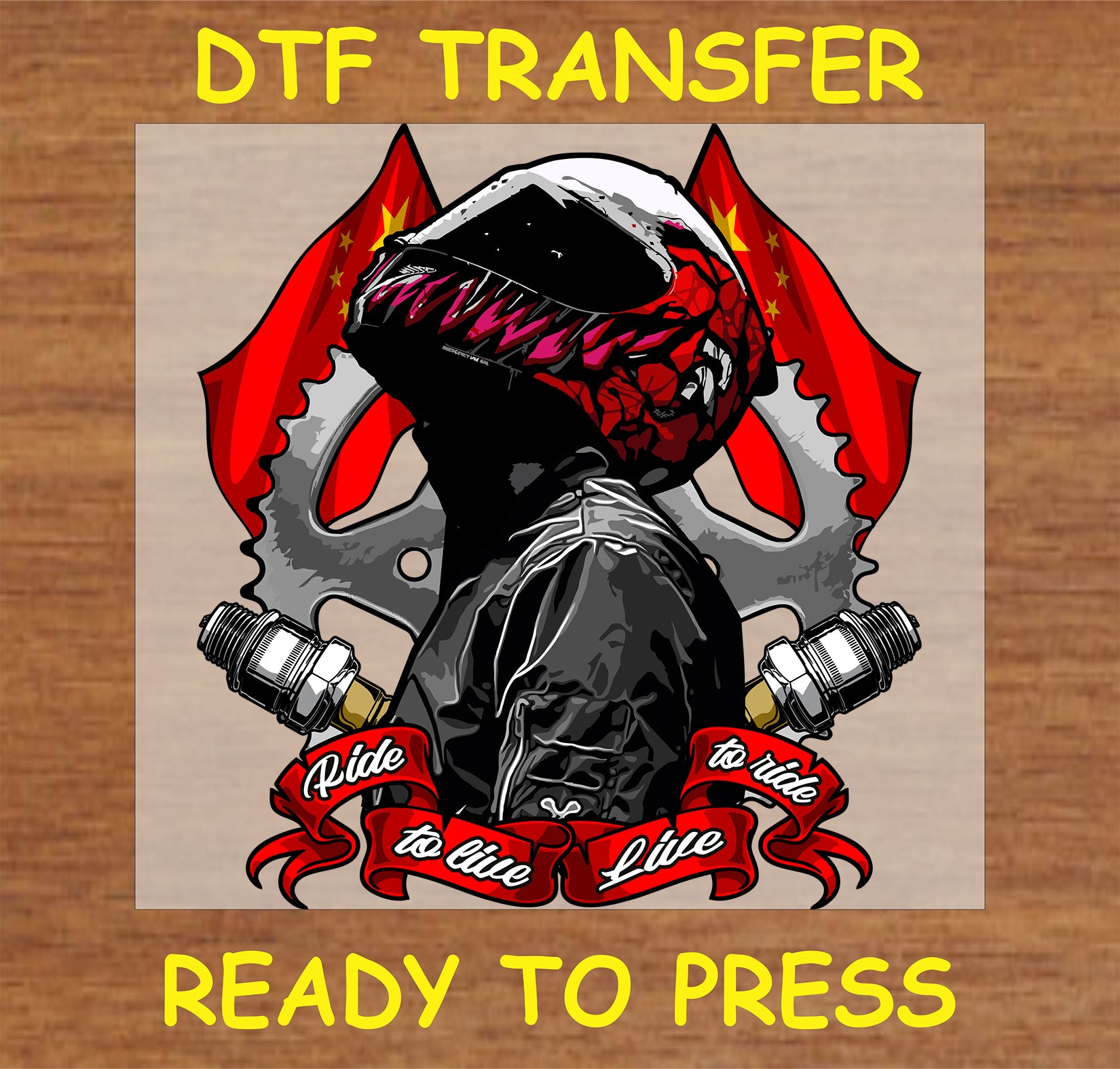 "Ride to Live DTF Transfer featuring a biker with skull helmet, gears, and a bold red banner"