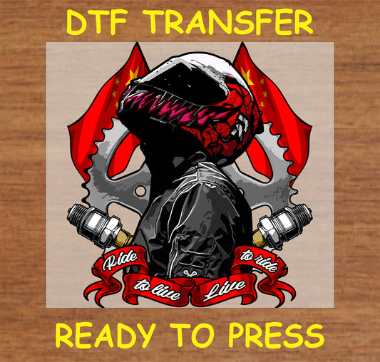 "Ride to Live DTF Transfer featuring a biker with skull helmet, gears, and a bold red banner"
