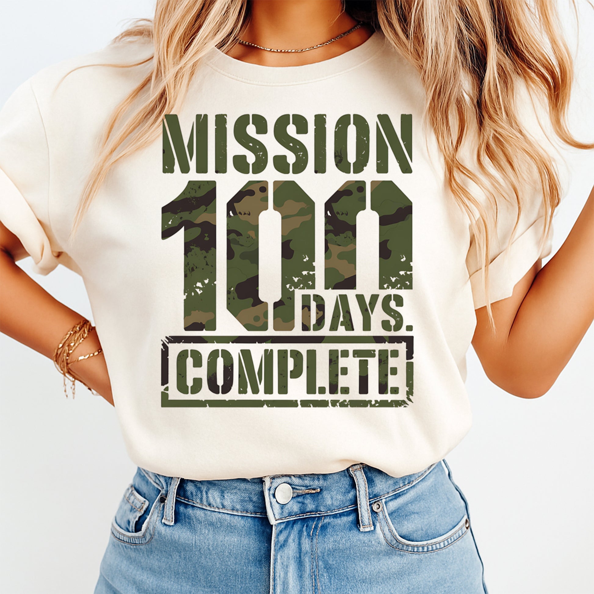 Mission 100 Days Complete camouflage graphic printed on cream shirt for school celebration