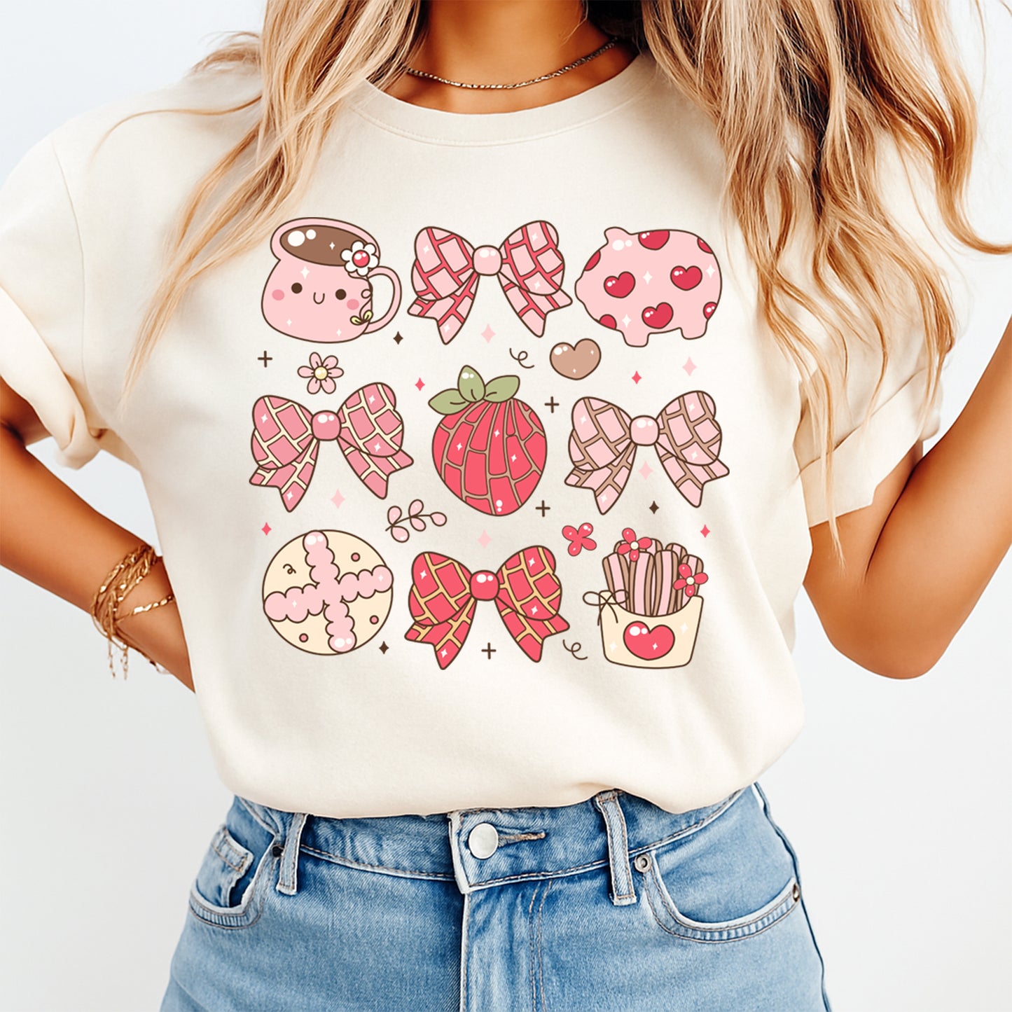 Pan dulce Valentine concha pastry graphic printed on cream shirt with bows and bakery theme