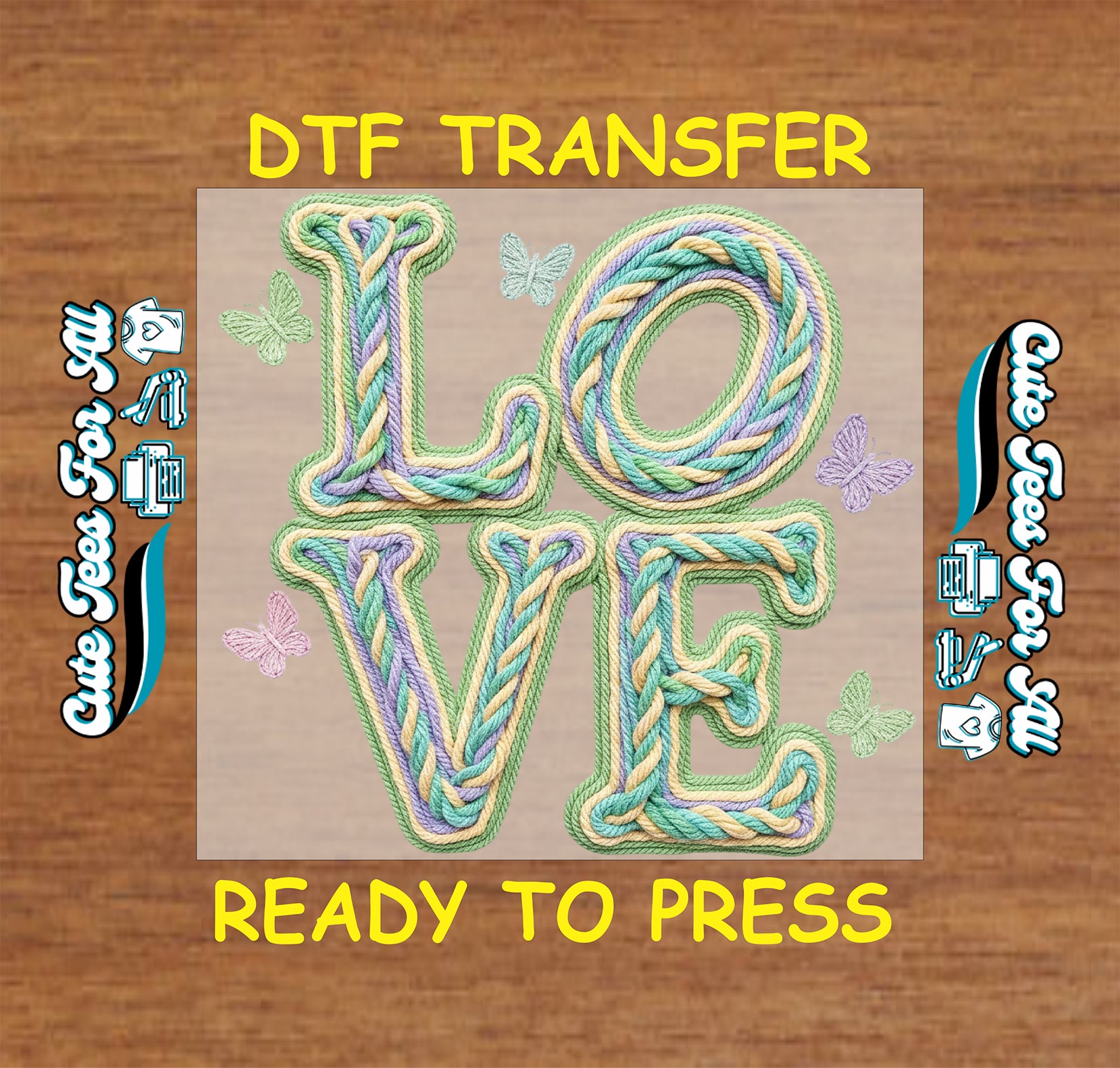 Pastel LOVE ready to press dtf transfer iron on decal heat transfer for DIY shirts with rope lettering and butterflies