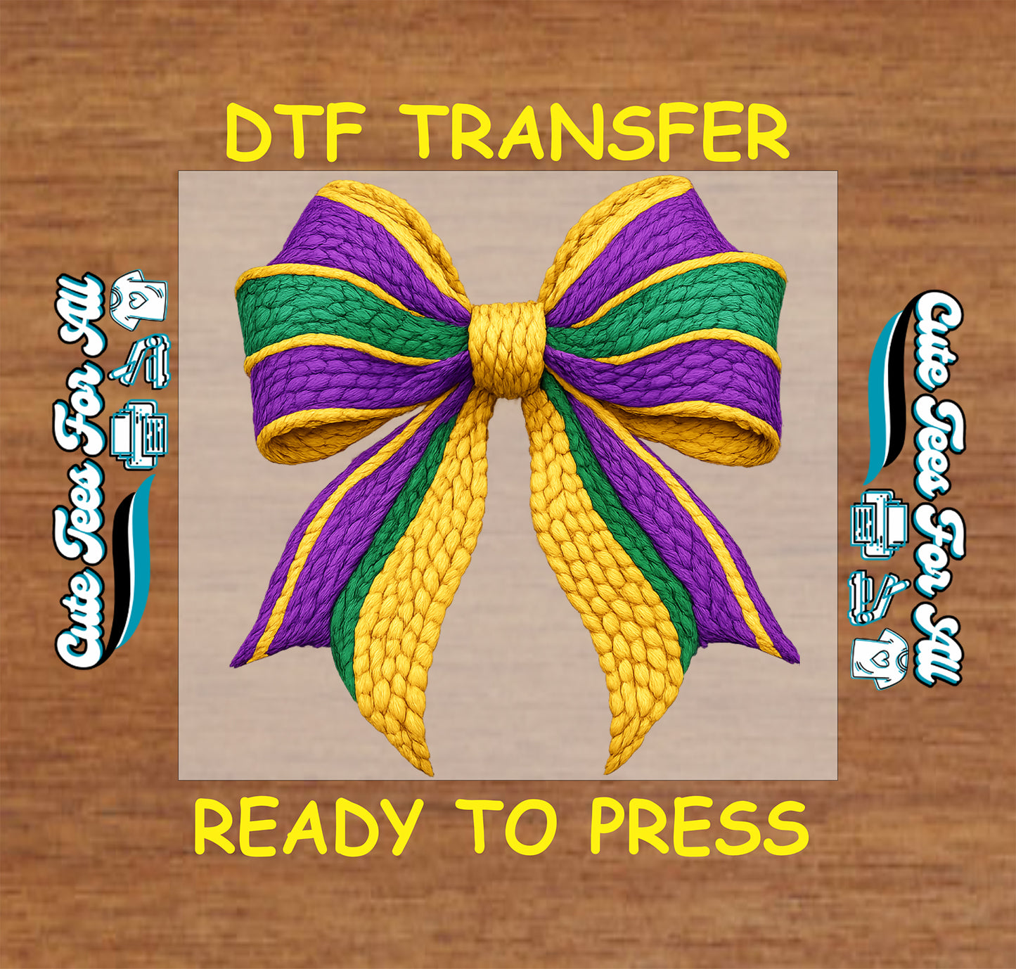 Mardi Gras bow ready to press dtf transfer iron on decal heat transfer for DIY shirts in purple green gold
