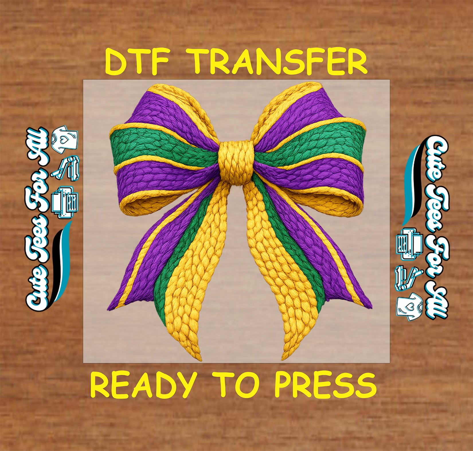 Mardi Gras bow ready to press dtf transfer iron on decal heat transfer for DIY shirts in purple green gold