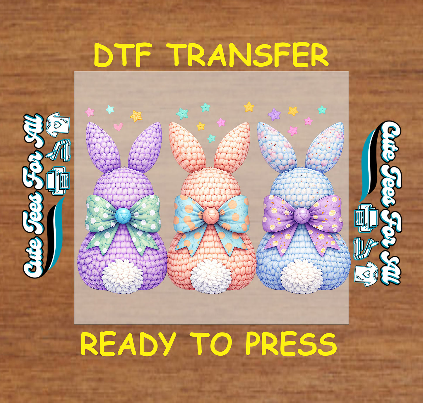 Pastel Easter bunny ready to press dtf transfer iron on decal heat transfer for DIY shirts with bows and stars