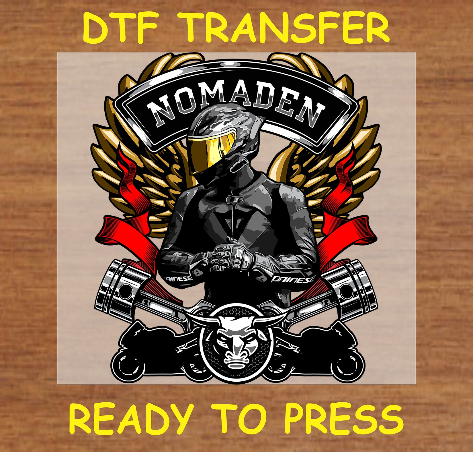 "Nomaden DTF Transfer with biker, golden wings, pistons, and bold emblem for motorcycle enthusiasts"