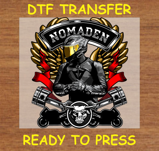 "Nomaden DTF Transfer with biker, golden wings, pistons, and bold emblem for motorcycle enthusiasts"