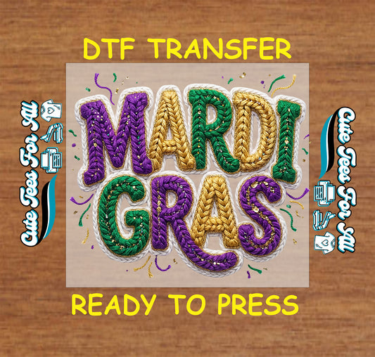 Mardi Gras ready to press dtf transfer iron on decal heat transfer for DIY shirts with purple green gold rope lettering