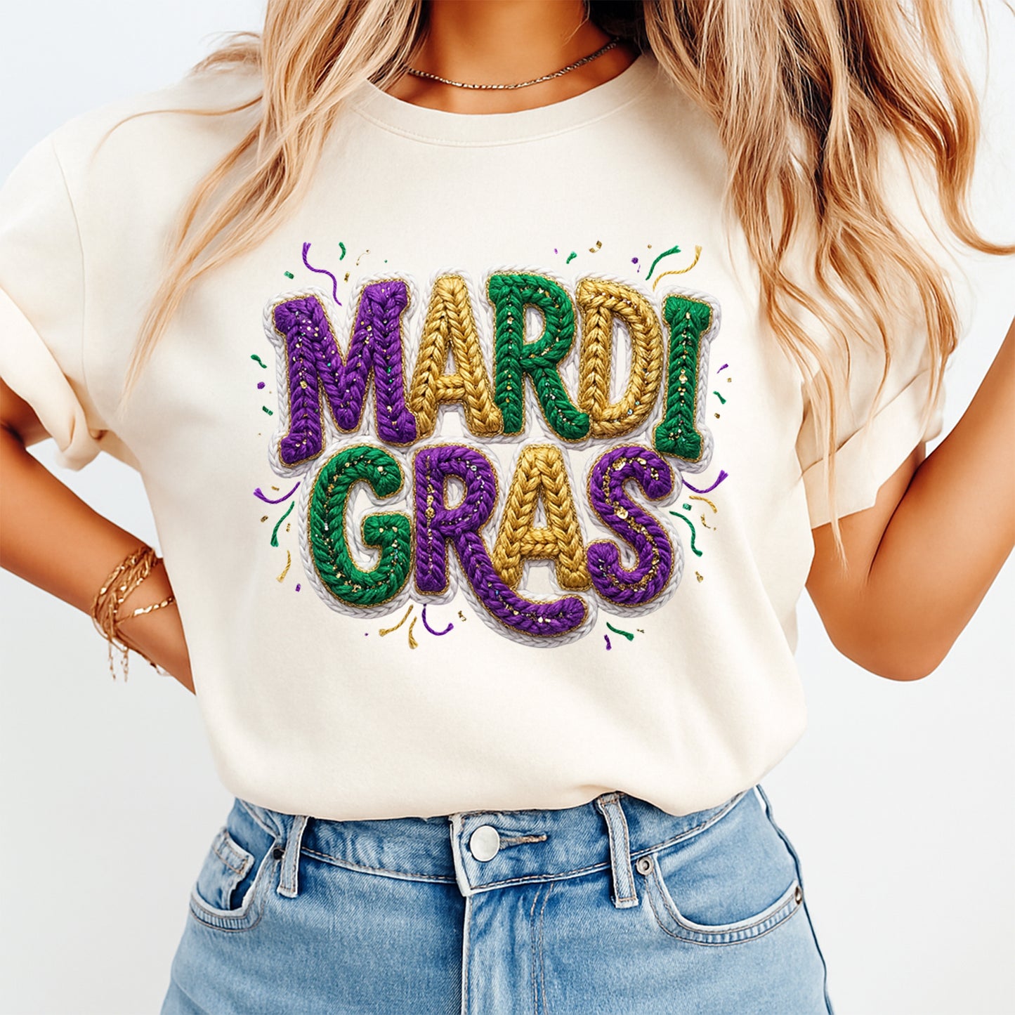 Mardi Gras rope letter graphic printed on cream shirt for parade outfit