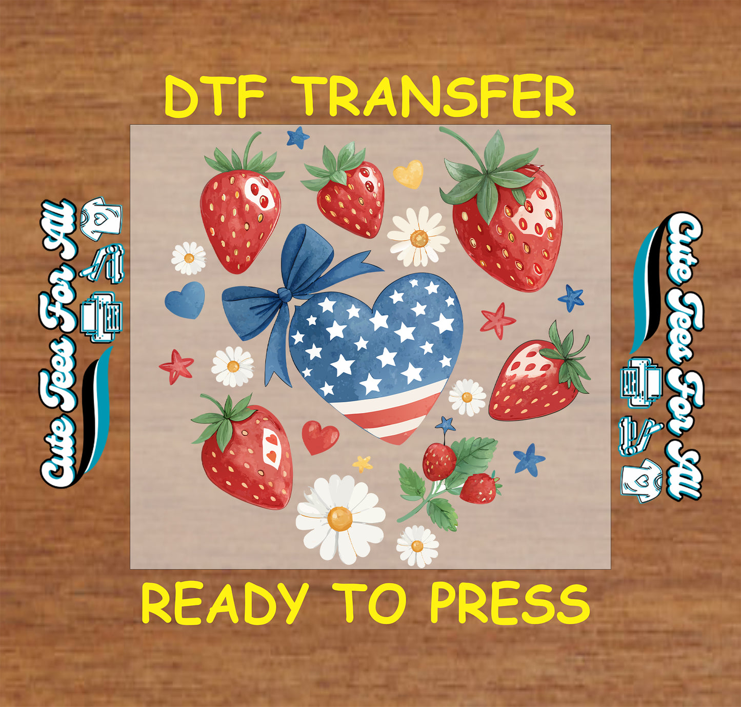 Patriotic strawberry ready to press dtf transfer iron on decal heat transfer for DIY shirts with USA heart and daisies