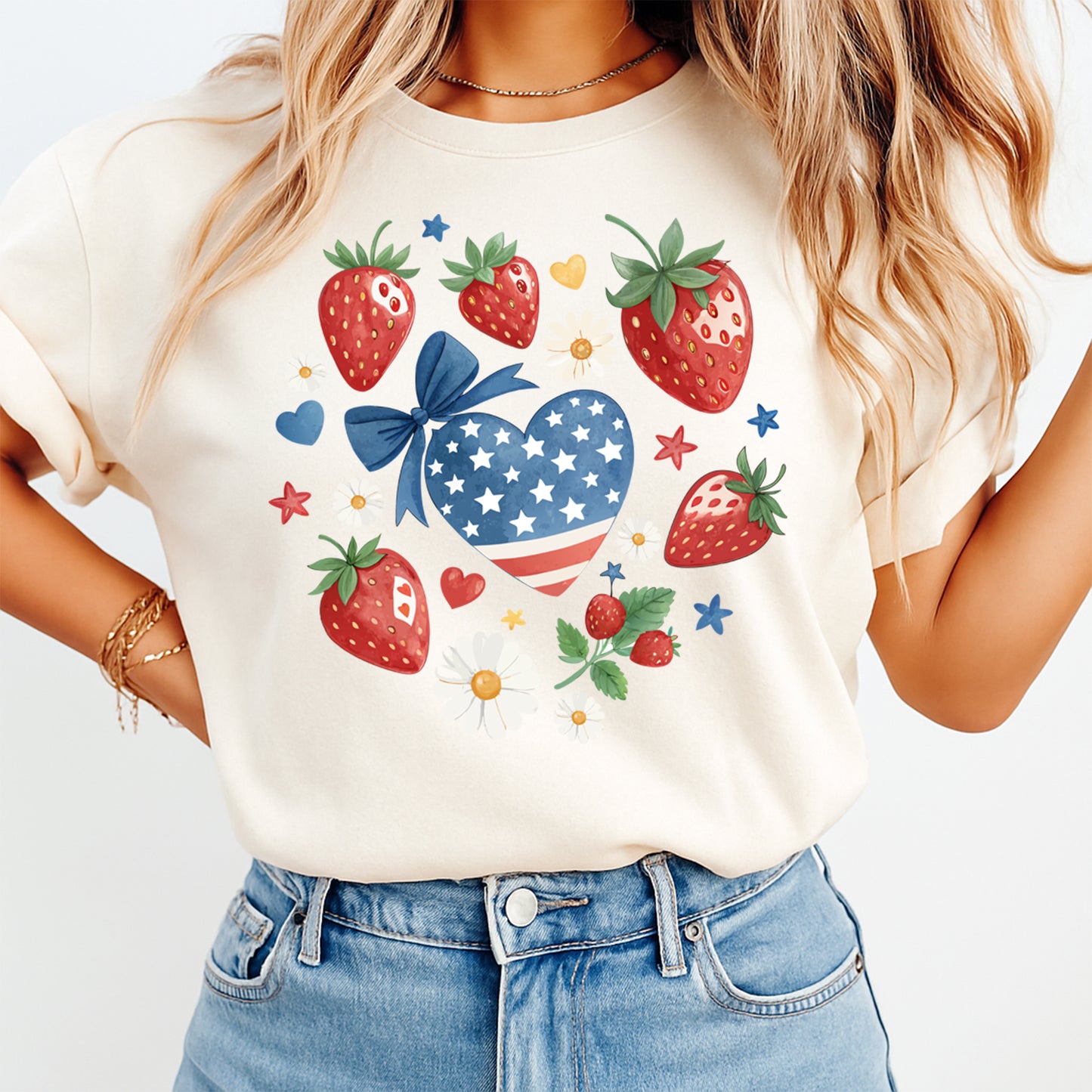 Red white blue heart with strawberries printed on cream shirt for Fourth of July outfit