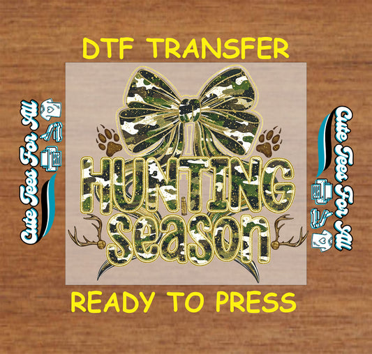 Hunting season camo bow ready to press dtf transfer iron on decal heat transfer for DIY shirts with antlers and paw prints