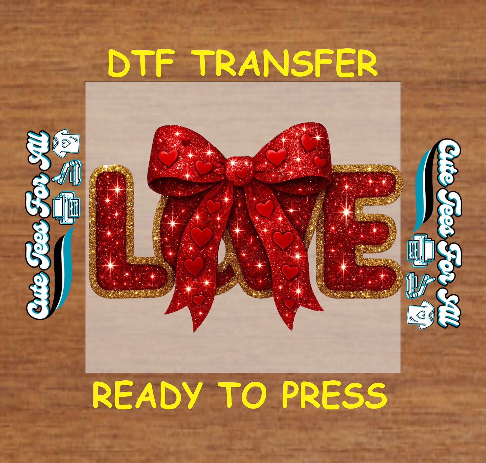 Valentines love ready to press dtf transfer iron on decal heat transfer for DIY shirts with red glitter bow and hearts