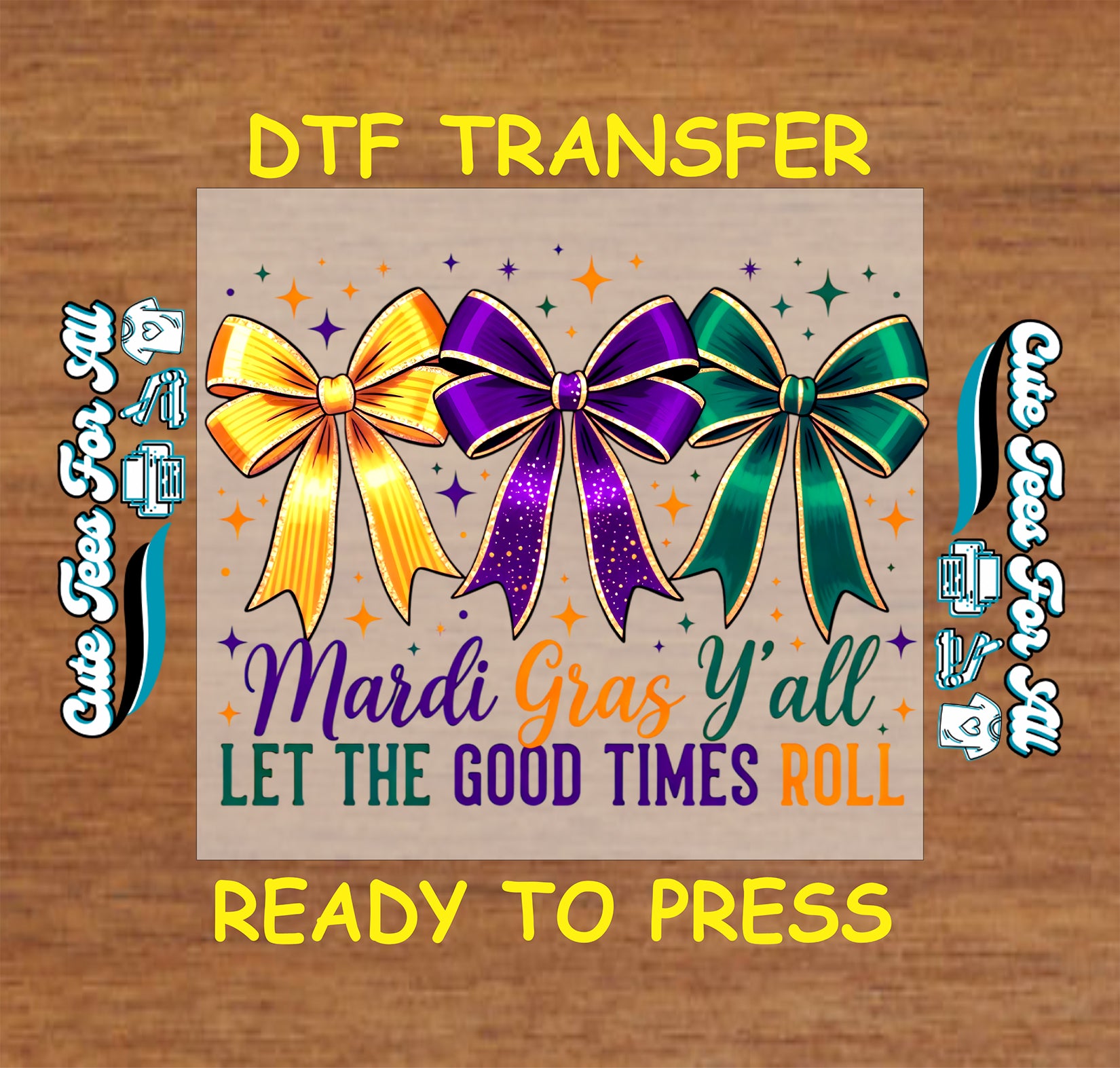 Mardi Gras ready to press dtf transfer iron on decal heat transfer for DIY shirts with purple green gold bows and festive text