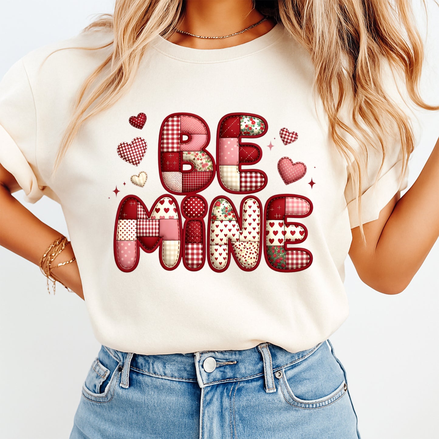 Patchwork Be Mine heart graphic printed on cream shirt for Valentine outfit